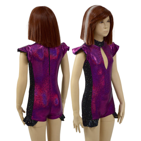 Girls Fuchsia Sparkly Jewel Romper with Side Panels and Keyhole - Coquetry Clothing