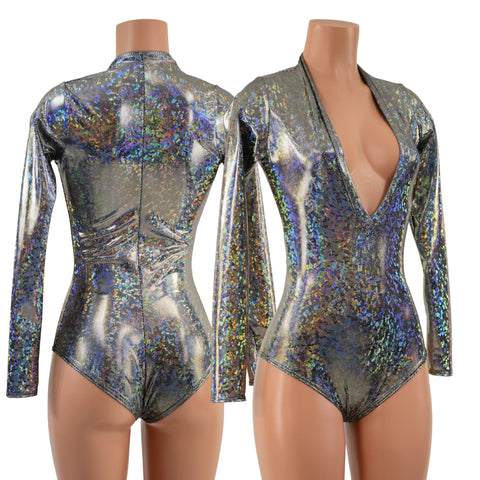 Silver Kaleidoscope Long Sleeve Siren Romper with Plunging V Neckline - Coquetry Clothing