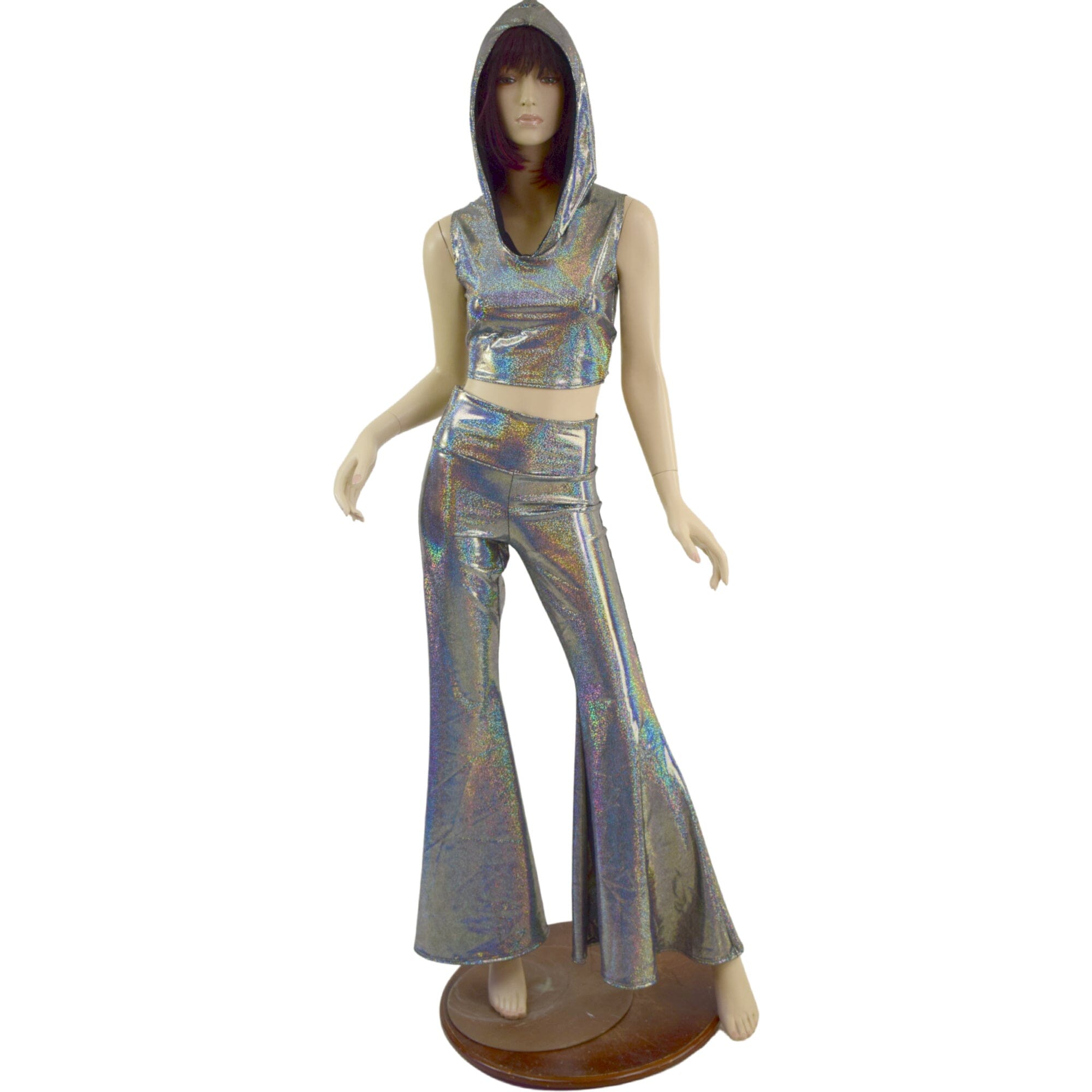 Silver Holographic Solar Flares and Sleeveless Crop Hoodie Set