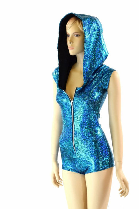 Turquoise Holographic Hoodie Romper - Coquetry Clothing