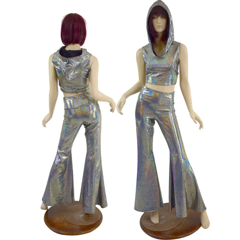 Silver Holographic Solar Flares and Sleeveless Crop Hoodie Set - Coquetry Clothing