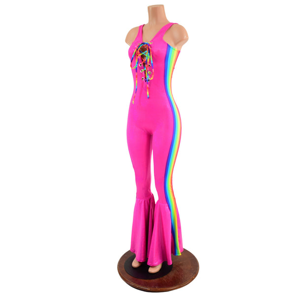 Retro Rainbow Striped Bell Bottom Catsuit with Laceup Neckline - 3
