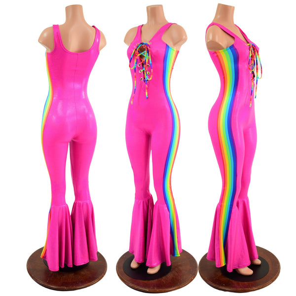 Retro Rainbow Striped Bell Bottom Catsuit with Laceup Neckline - 1