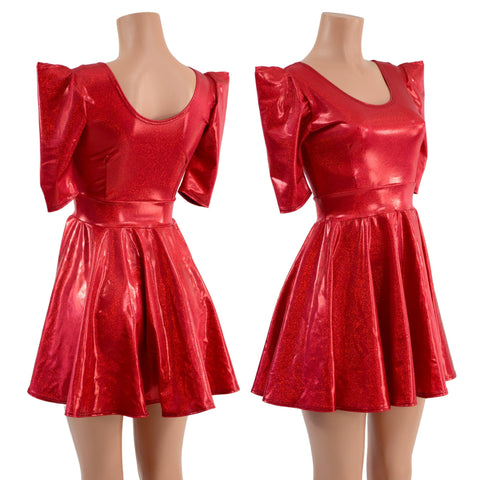 Red Sparkly Jewel Sharp Shoulder Skater Dress - Coquetry Clothing