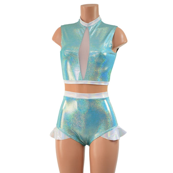 Seafoam, Flashbulb and Nude Mesh Romper with Inset Keyhole Neckline - 4