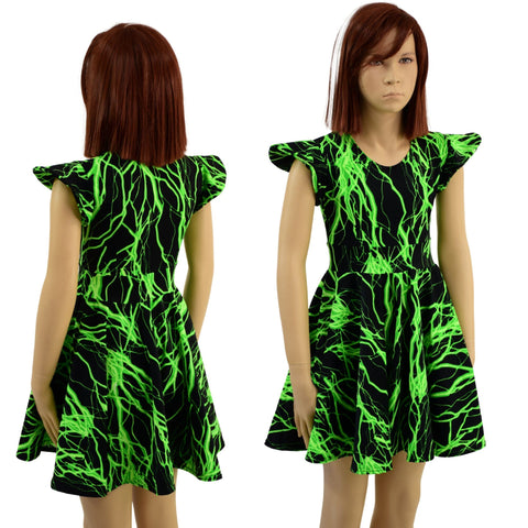 Girls Neon Green Lightning Skater Dress - Coquetry Clothing