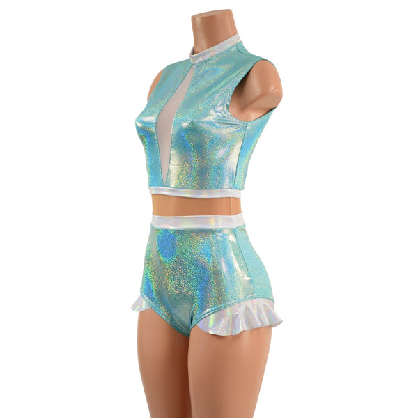 Seafoam, Flashbulb and Nude Mesh Romper with Inset Keyhole Neckline - 3