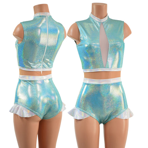 Seafoam, Flashbulb and Nude Mesh Romper with Inset Keyhole Neckline - Coquetry Clothing