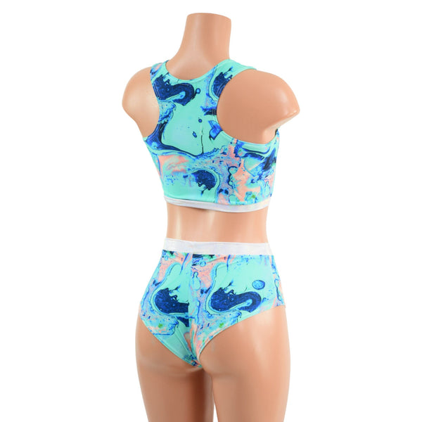 Lapis Lagoon Racerback Crop and Midrise Siren Shorts with Flashbulb Trim - 4
