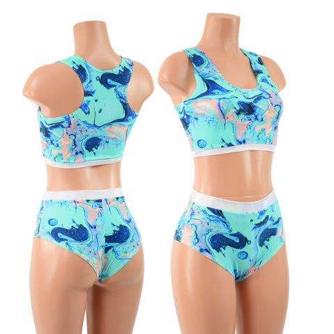 Lapis Lagoon Racerback Crop and Midrise Siren Shorts with Flashbulb Trim - Coquetry Clothing