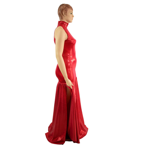 Red Sparkly Jewel Side Slit Trumpet Gown - 2
