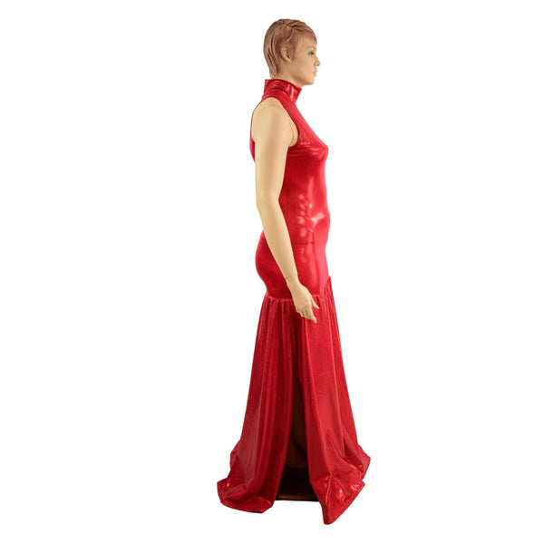 Red Sparkly Jewel Side Slit Trumpet Gown - 4