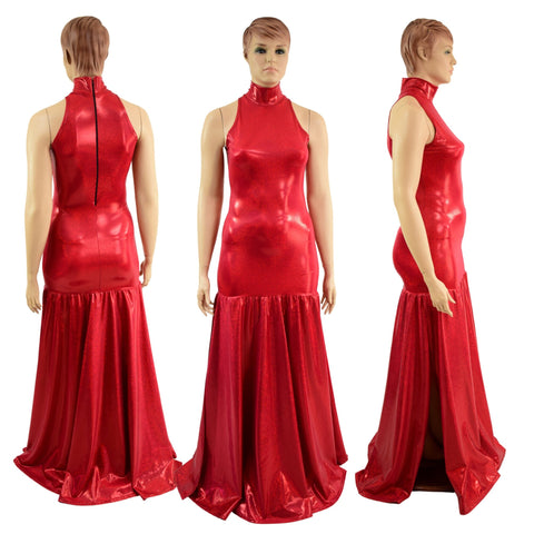 Red Sparkly Jewel Side Slit Trumpet Gown - Coquetry Clothing