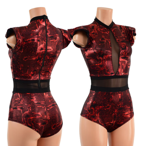 Primeval Red and Mesh Romper with Inset Keyhole Neckline - Coquetry Clothing