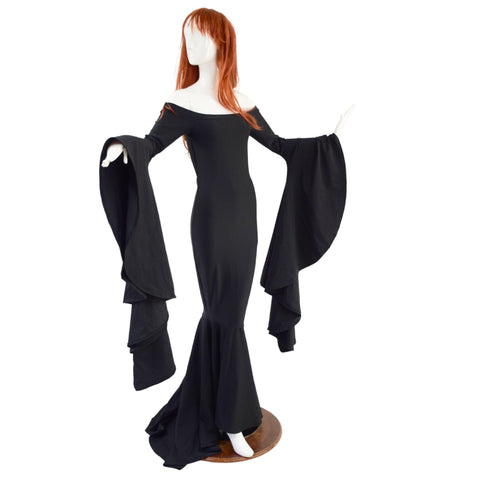 Black Zen Morticia Gown with Off Shoulder Neckline & Sorceress Sleeves - Coquetry Clothing