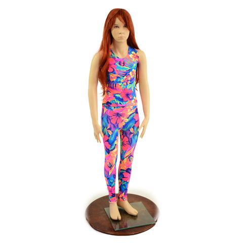Girls Tahitian Floral UV Glow Leggings and Full Length Sleeveless Top Set - Coquetry Clothing