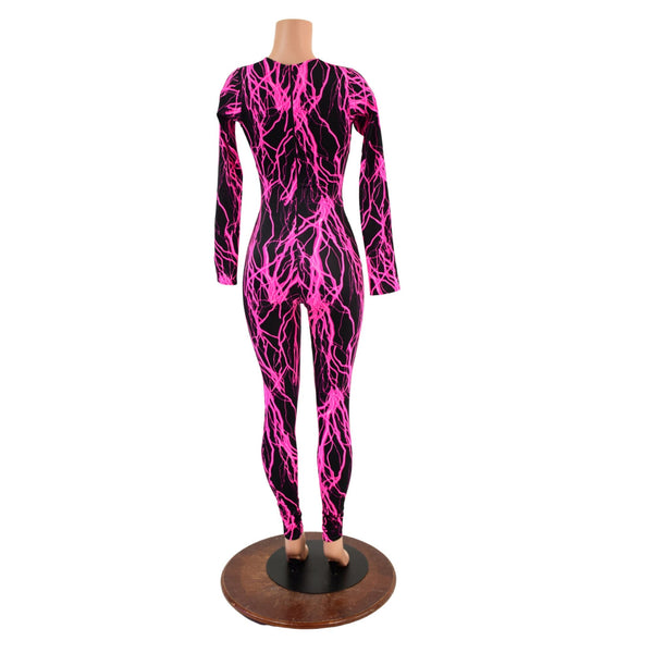 Pink Lightning Long Sleeve Catsuit with Crew Neck and Back Zipper - 3