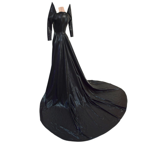 Glinda Gown in Black Mystique with 3/4 Mega Sharp Shoulder Sleeves - Coquetry Clothing
