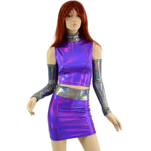 4PC Purple Crop Top & Skirt Set with Silver Holo Trim and Arm Warmers - Coquetry Clothing