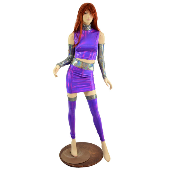 6PC Purple Crop Top & Skirt Set with Silver Holo Trim and Arm & Leg Warmers - 5
