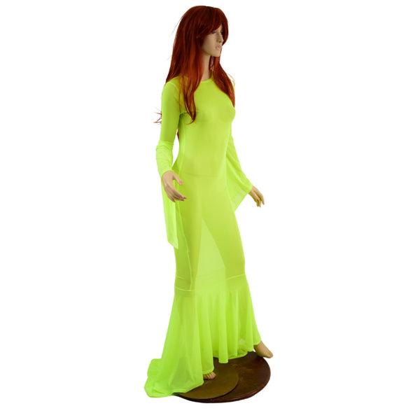 Neon Yellow Mesh Zipper Back Gown with Pixie Sleeves and Puddle Train - 3