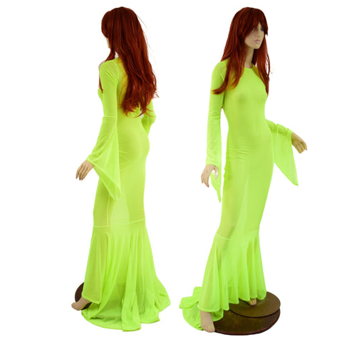 Neon Yellow Mesh Zipper Back Gown with Pixie Sleeves and Puddle Train - Coquetry Clothing