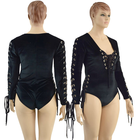 Black Velvet Romper with FIVE Laceups - Coquetry Clothing