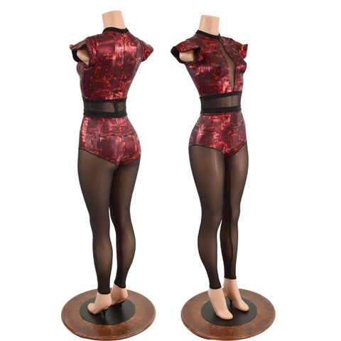 Primeval Red Inset Mesh Keyhole Catsuit with Mesh Legs - Coquetry Clothing