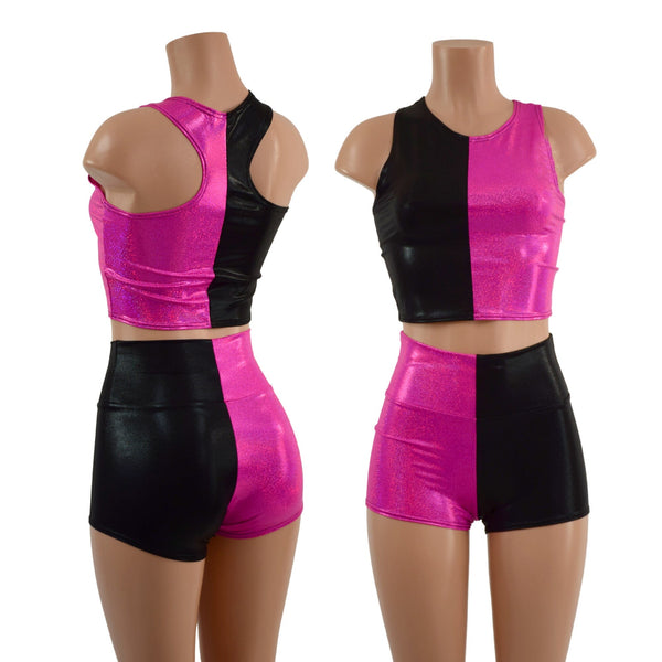 Pink and Black Harlequin High Waist Shorts & Crop Set - 1