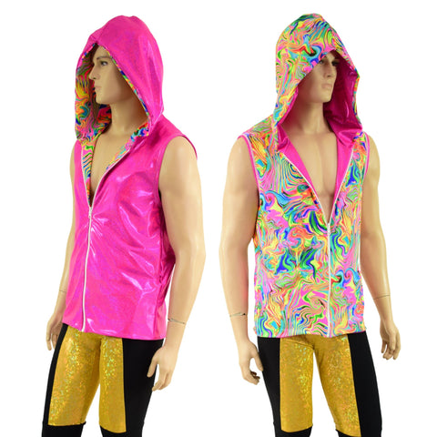 Mens Reversible Fully Lined Zipper Front Hooded Vest with Pockets - Coquetry Clothing