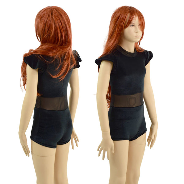 Kids Black Velvet Romper with Mesh Waistband - 1