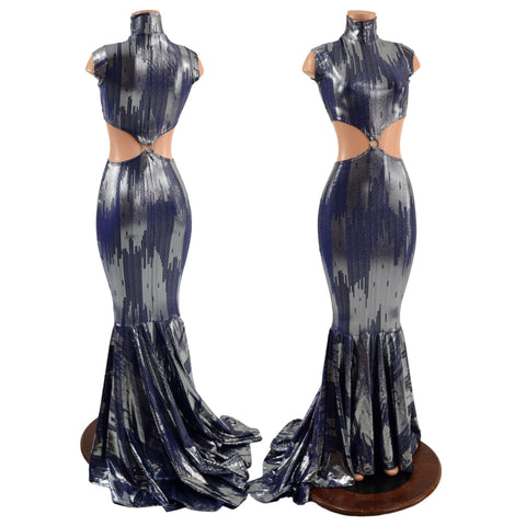 City Lights Zipper Back Puddle Train Gown with O-ring Waist Cutouts - Coquetry Clothing