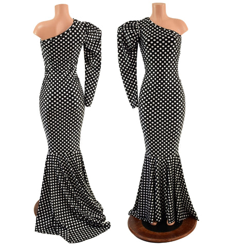 One Shoulder Victoria Sleeve Black and White Polka Dot Puddle Train Gown - Coquetry Clothing
