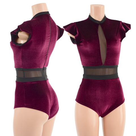 Burgundy Velvet and Mesh Romper with Inset Mesh Keyhole Neckline - Coquetry Clothing