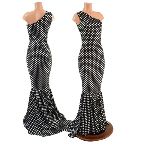 One Shoulder Black and White Polka Dot Puddle Train Gown - Coquetry Clothing