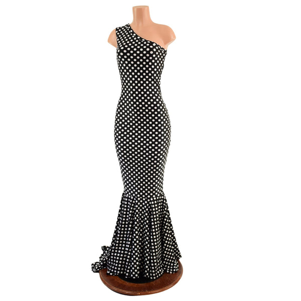 One Shoulder Black and White Polka Dot Puddle Train Gown - 2