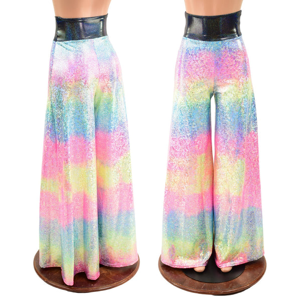 Rainbow Shattered Glass Wide Leg Pants with Black Holo Waistband - 1