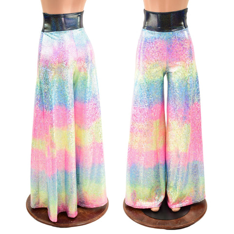 Rainbow Shattered Glass Wide Leg Pants with Black Holo Waistband - Coquetry Clothing