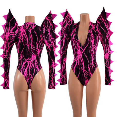 The Triple Threat Romper in Neon Pink Lightning with Brazilian Cut Leg - Coquetry Clothing