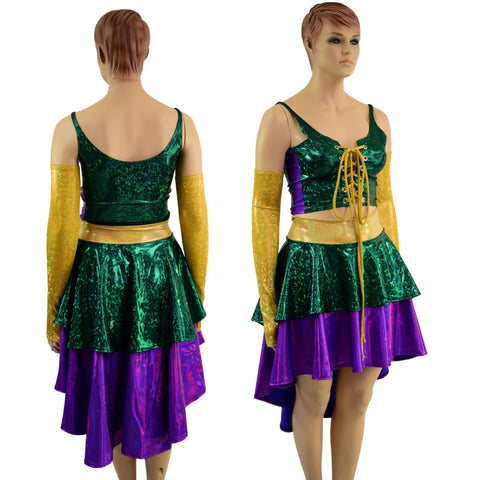 4PC Hi Lo Layered Mardi Gras Skirt, Lace Up Top and Arm Warmer Set - Coquetry Clothing