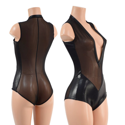 Sheer Black Mesh and Metallic Plunging V Romper - Coquetry Clothing