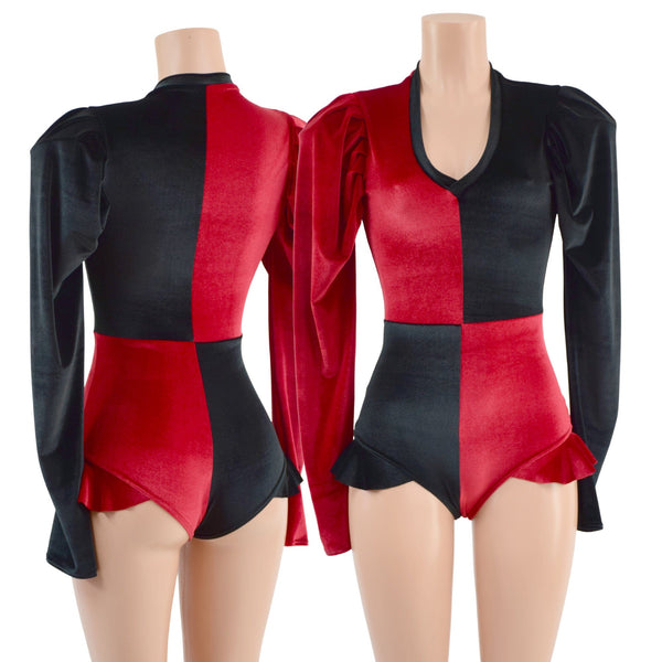 Red and Black Velvet Harlequin Romper with Mini Vicky Sleeves - 1