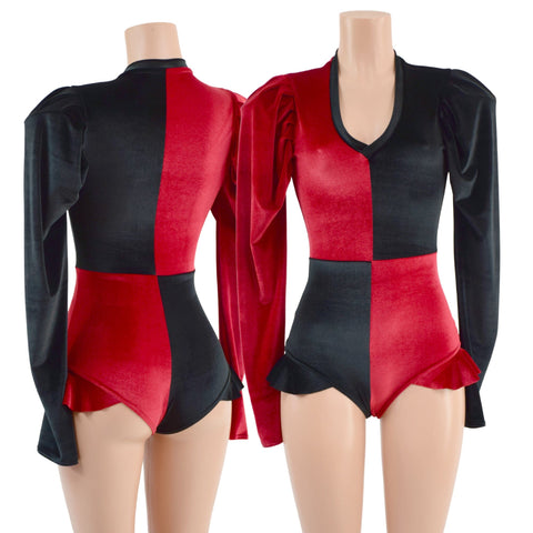 Red and Black Velvet Harlequin Romper with Mini Vicky Sleeves - Coquetry Clothing