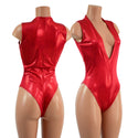 Red Sparkly Jewel Plunging V Neck Romper with Brazilian Cut Leg - 1