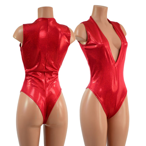 Red Sparkly Jewel Plunging V Neck Romper with Brazilian Cut Leg - Coquetry Clothing