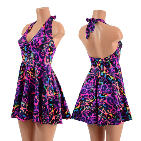 Rainbow Leopard UV Glow Halter Skater Dress - Coquetry Clothing
