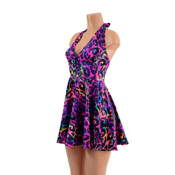 Rainbow Leopard UV Glow Halter Skater Dress | Coquetry Clothing