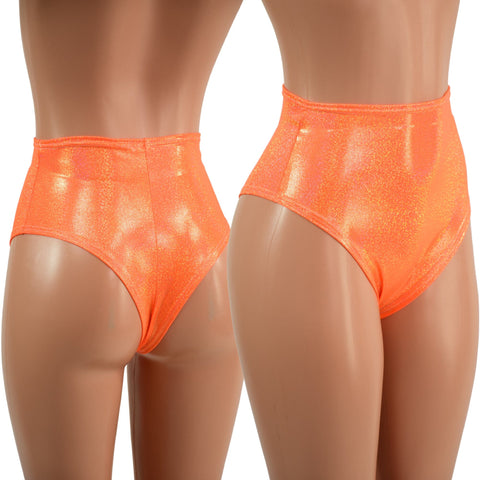 Neon Orange Sparkly Jewel High Waist Siren Shorts with Brazilian Cut Leg - Coquetry Clothing