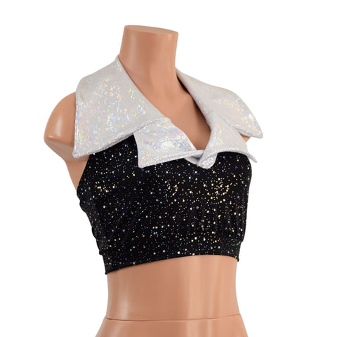 Star Noir Mini Backless Crop with White Kaleidoscope Showtime Collar - Coquetry Clothing