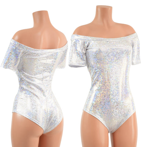 Off Shoulder Romper in Silver on White Shattered Glass - Coquetry Clothing